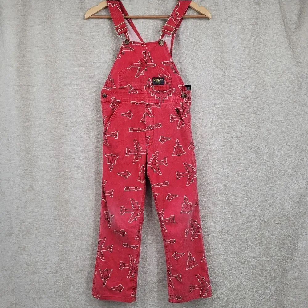 Oshkosh Vintage Vestbak Red Airplane Print Overalls Size 7